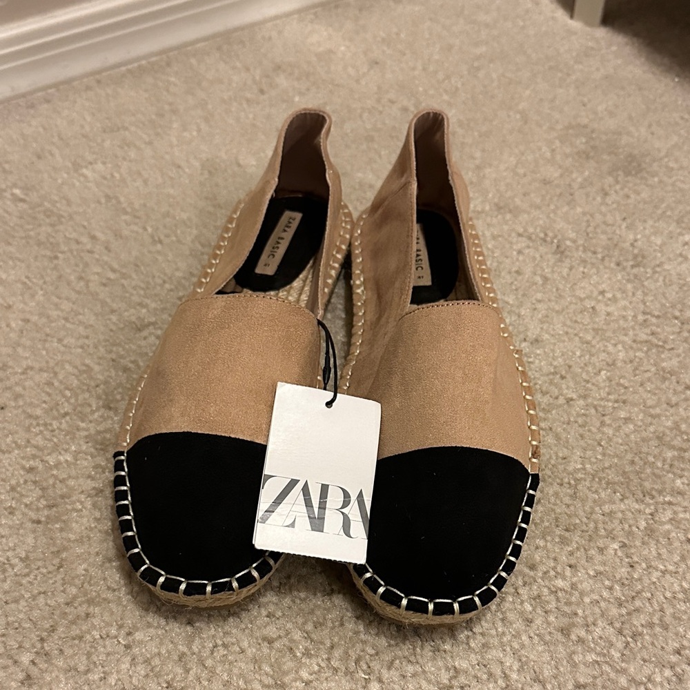 Zara Two-Tone Tan and Black Espadrille Flats